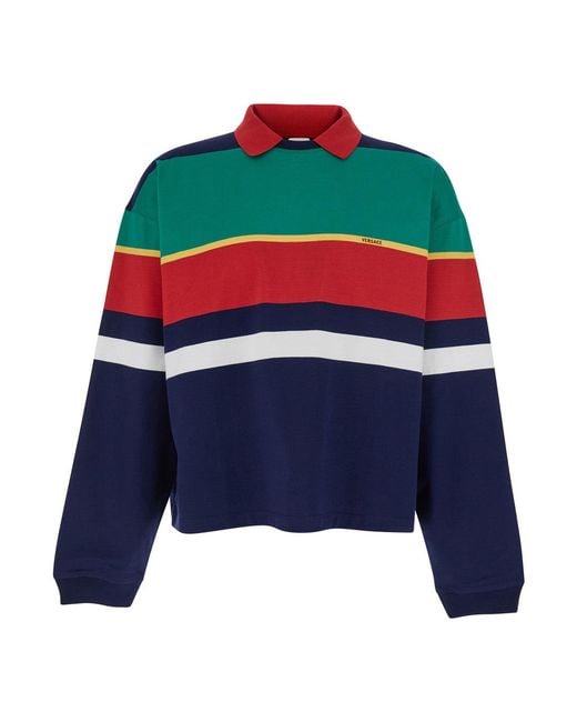 Versace Blue 'Strips' Multicolored Sweatshirt With Classic Collar Long Sleeves for men