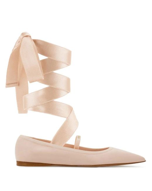 Ferragamo White Carice Ballet Flat With Ankle Ribbon
