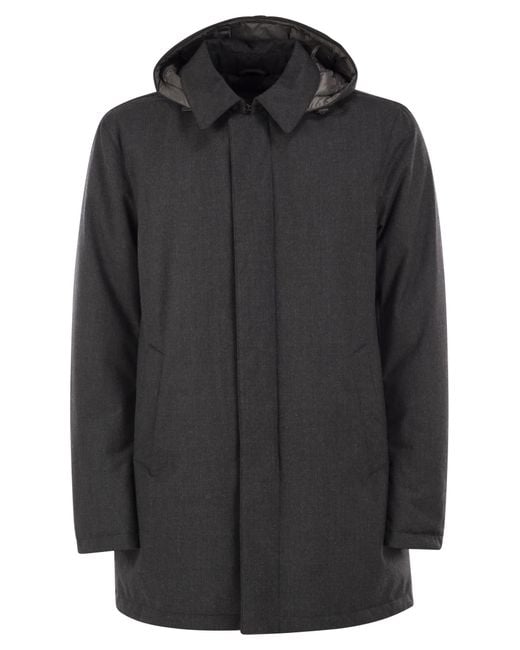 Herno Black Technical Wool-Blend Hooded Coat for men