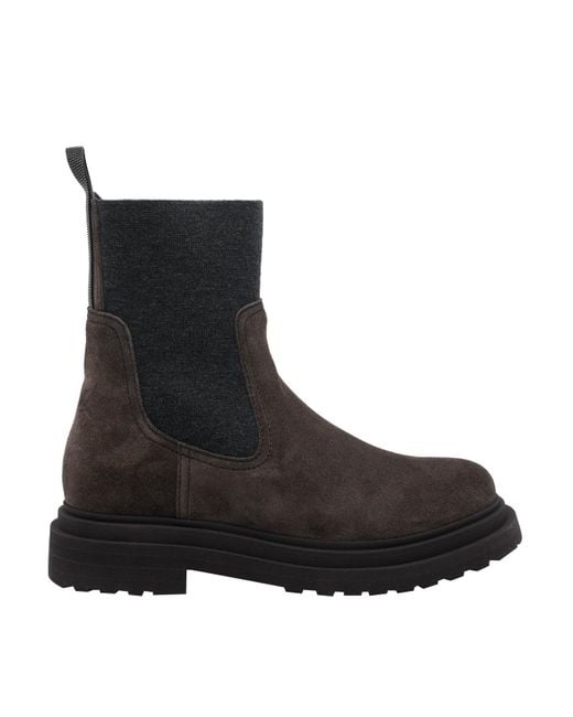 Brunello Cucinelli Black Suede Boot With Knitted Insert And Precious Loop Detail