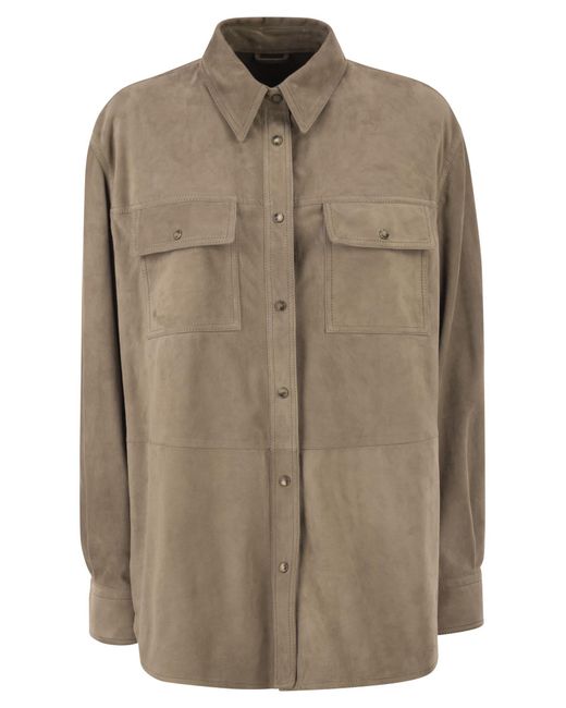 Brunello Cucinelli Women's Brown Suede Overshirt With Patch Pockets