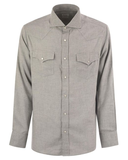 Brunello Cucinelli Gray Stretch Cotton Chevron Flannel Easy Fit Shirt With Snap Buttons, Epaulettes And Pockets for men