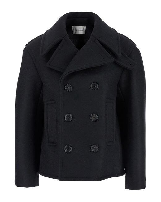 Saint Laurent Black Double-Breasted Wool Pea Coat
