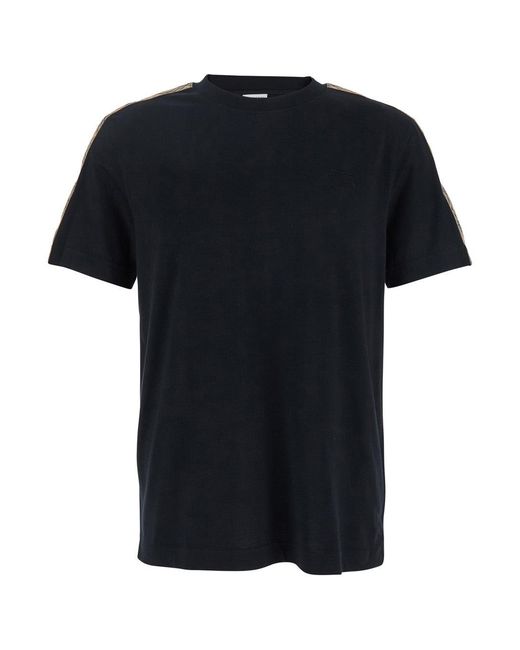 Burberry Black Crewneck T-Shirt With Ekd Tonal Logo Embroidery On The Front And Check Motif On The Sleeves for men