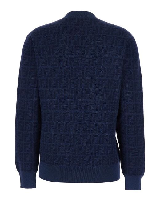 Fendi Blue Crewneck Sweater With All-Over Ff Motif