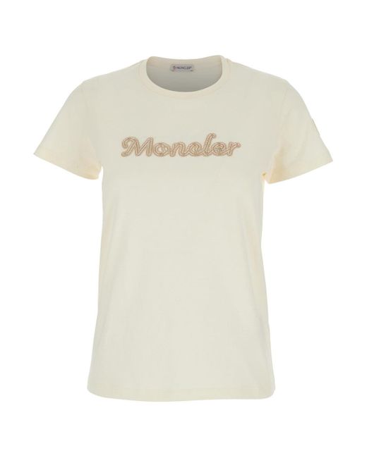 Moncler White T-Shirt With Embroidered Logo On The Front And Logo Patch On The Sleeve for men