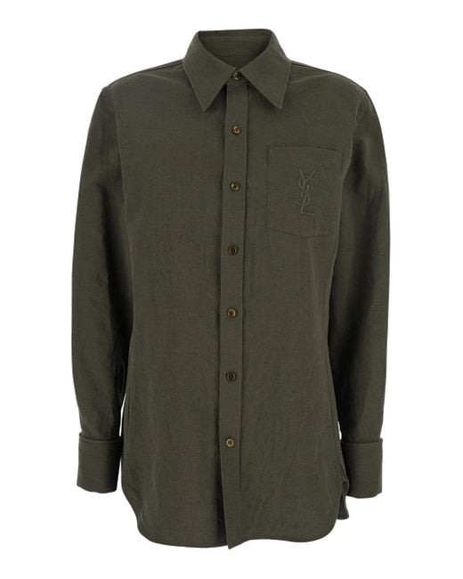 Saint Laurent Green Shirt With Classic Collar And Cassandre Embroidery On The Front for men