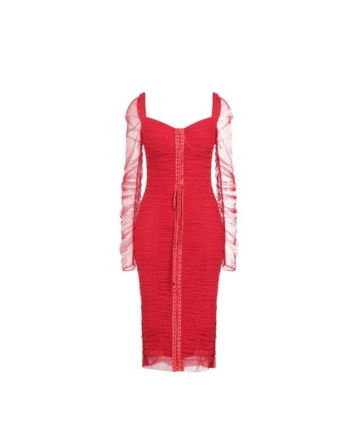 Dolce & Gabbana Red Silk Ruched Tulle Midi Dress
