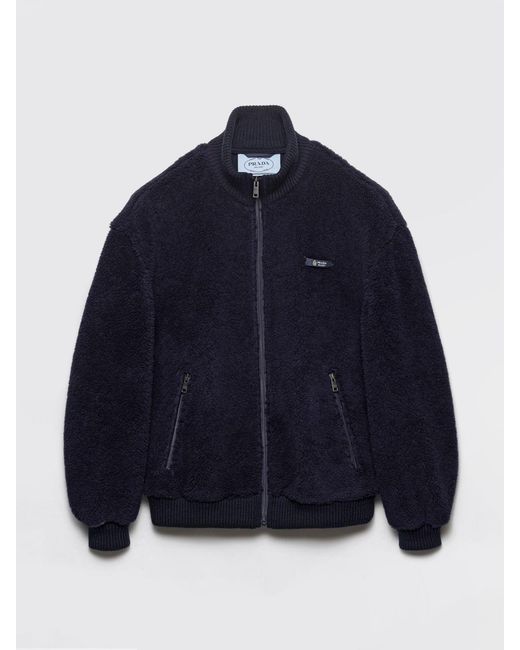 Prada Blue Virgin Wool Bomber With Mini Logo