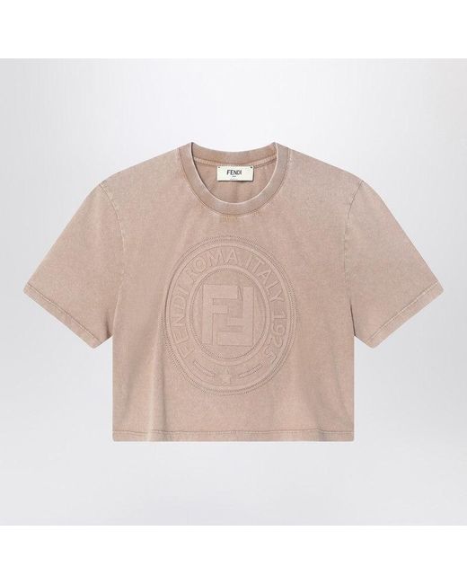 Fendi Natural Washed-Out Cropped T-Shirt With Logo