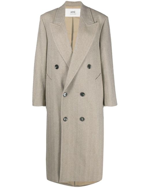 AMI Natural Double-breasted Herringboned Long Coat