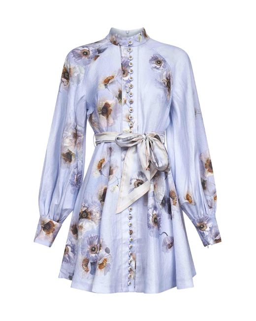 Zimmermann Women's Blue Lilac Poppy Print Linen Hypnotic Mini Dress