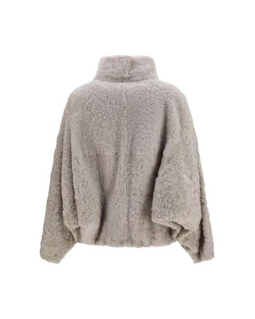 Brunello Cucinelli Gray High-Neck Shearling Jacket