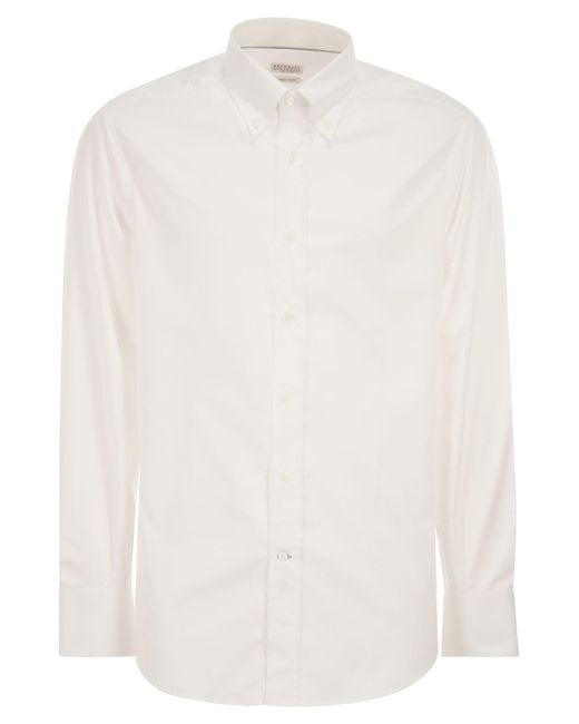 Brunello Cucinelli White Basic Fit Twill Shirt With Button-Down Collar for men