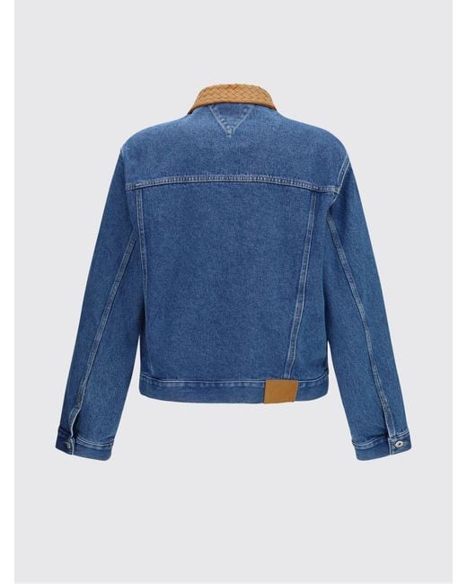 Bottega Veneta Blue Denim Jacket With Woven Leather Collar for men