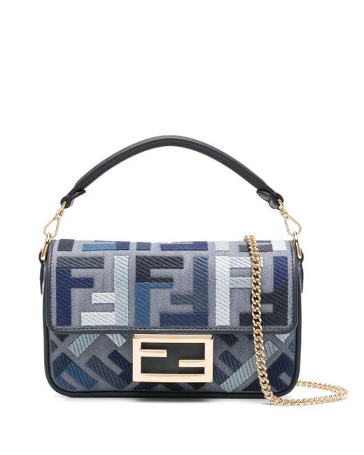 Fendi Blue Mini Baguette Ff Embroidery Canvas Bag