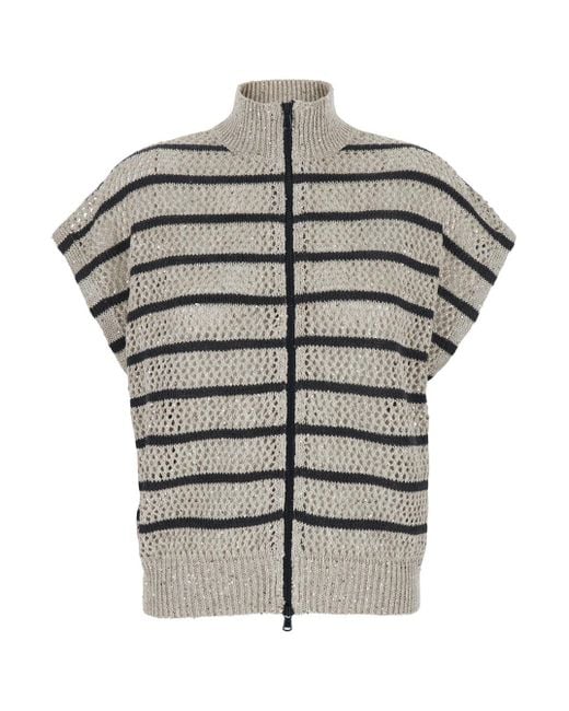 Brunello Cucinelli Gray Cardigan With High Neck And All-Over Striped Motif for men