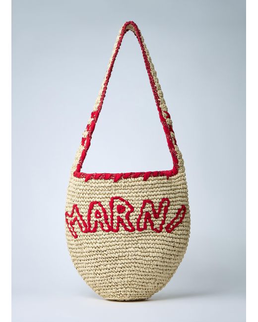 Marni White Logo Motif Raffia Shoulder Bag