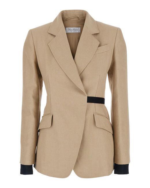 Max Mara Natural 'Fionda' Linen Jacket With Notched Revers And Adjustabl