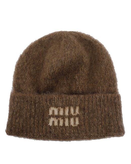 Miu Miu Logo Beanie in Brown | Lyst