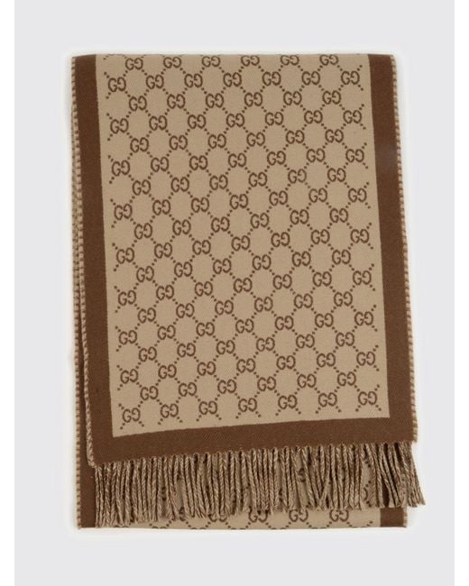 Gucci Natural Wool Scarf With Gg Jacquard Monogram Pattern And Fringed Hem