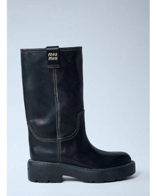 Miu Miu Leather Logo Motif Boots in Blue Lyst