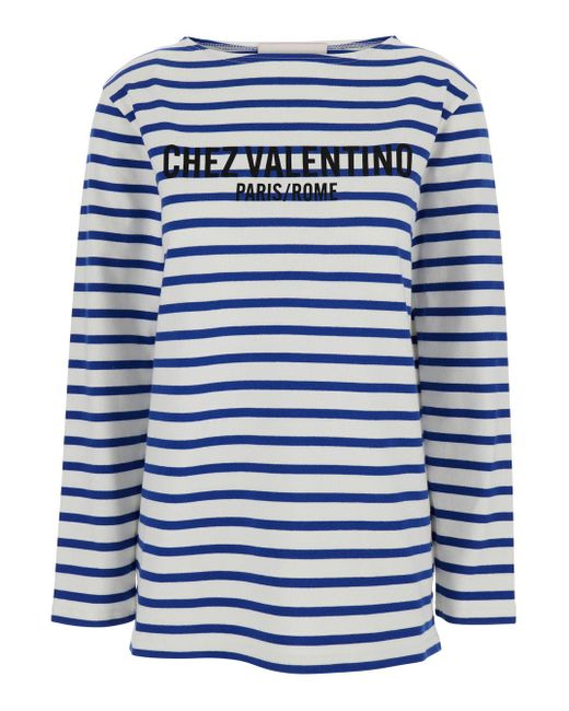 Valentino Blue Crewneck T-Shirt With Logo Lettering On The Front And All-Over Striped Motif for men