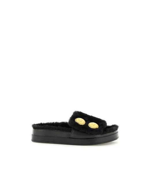 Balmain Black Faux Fur Tam Slides
