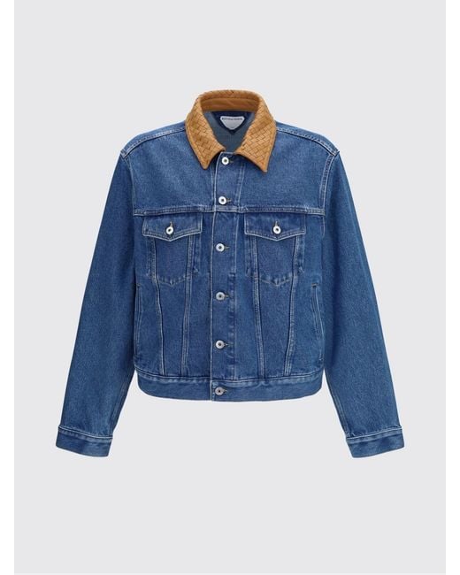 Bottega Veneta Blue Denim Jacket With Woven Leather Collar for men