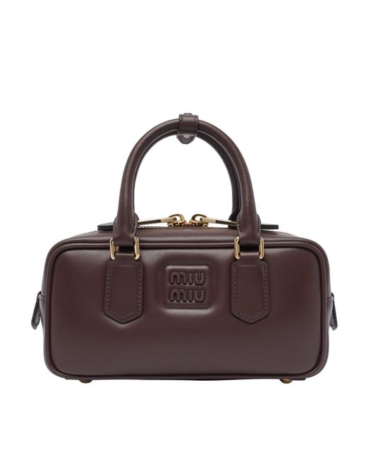 Miu Miu Brown Mini Leather Arcadie Handbag With Logo