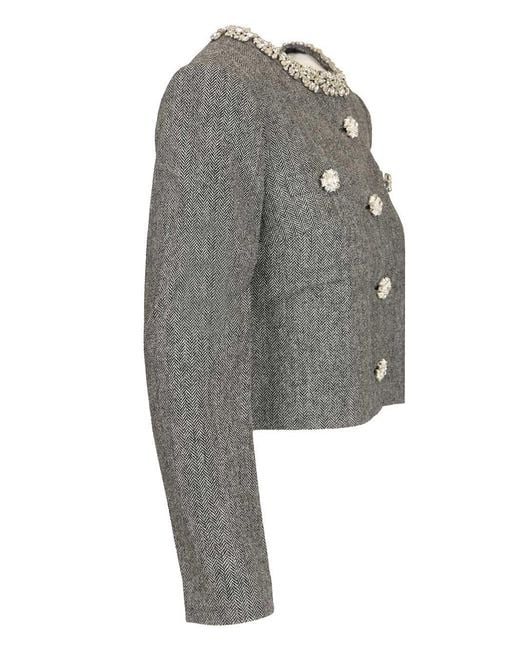Self-Portrait Gray Herringbone Jacket With Crystal Trim