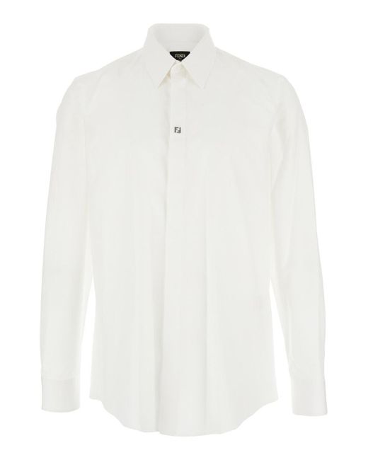 Fendi White Shirt With Classic Collar And Ff Plaque On The Front for men