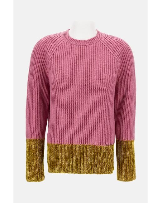 Marni Pink Color Block Wool Crew Neck Sweater With Exposed Stitching
