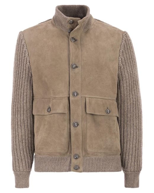 Brunello Cucinelli Men's Brown Suede Shearling Bomber Jacket With Cashmere Knit Details