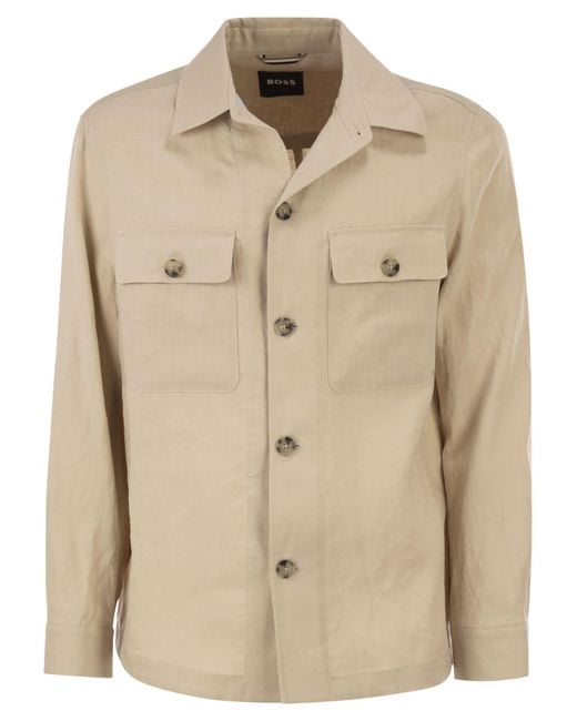 Boss Natural Linen Shirt Jacket With Patch Pockets for men