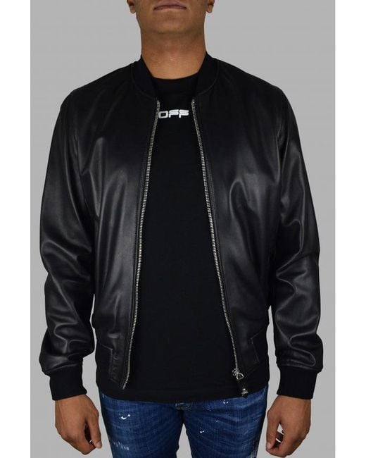 Philipp Plein Black Leather Bomber Jacket for men