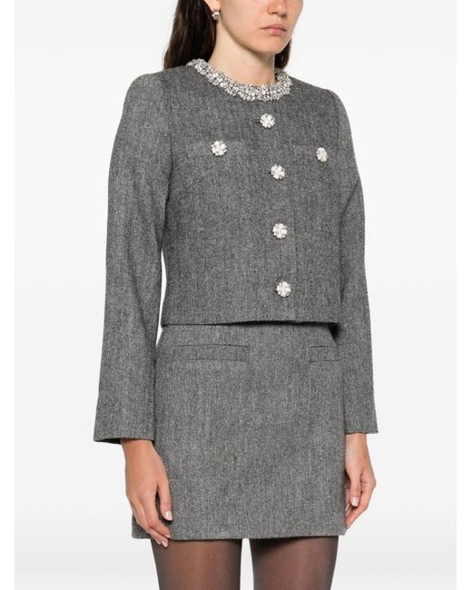 Self-Portrait Gray Herringbone Jacket With Crystal Trim