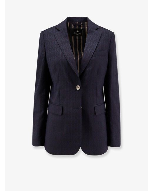 Etro Blue Single-Breasted Wool Blazer With Iconic Pattern