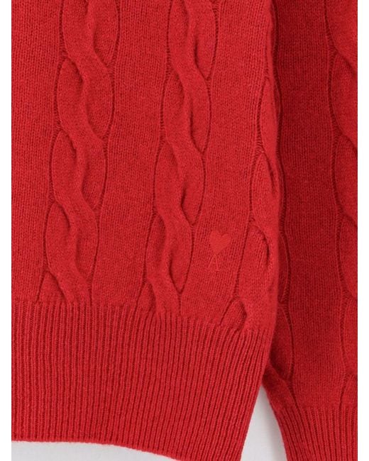 AMI Red Wool Sweater With Cable Knit for men