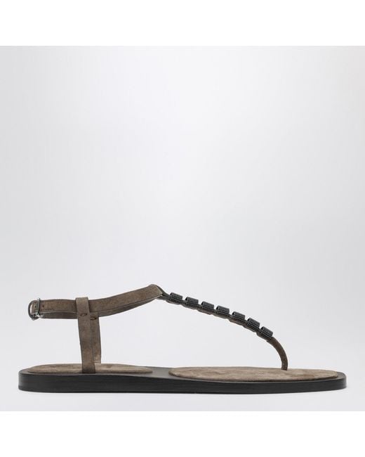 Brunello Cucinelli Brown Suede Thong Sandals With Precious Straps