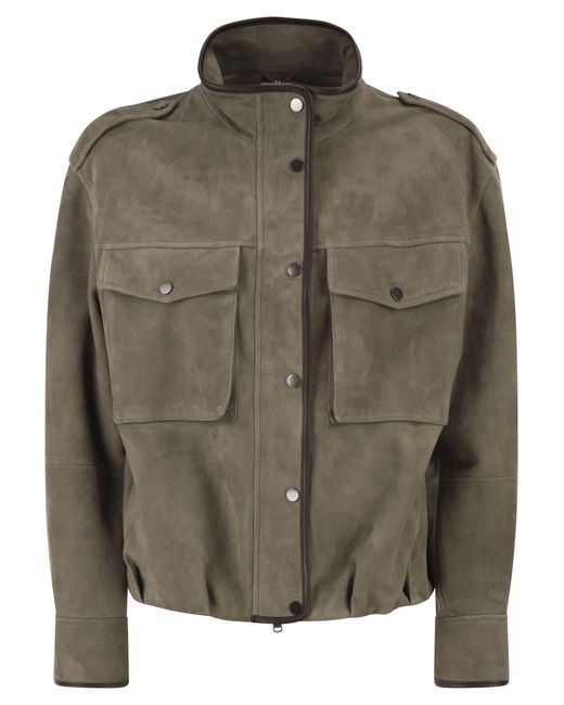 Brunello Cucinelli Green Suede Utility Jacket With Patch Pockets