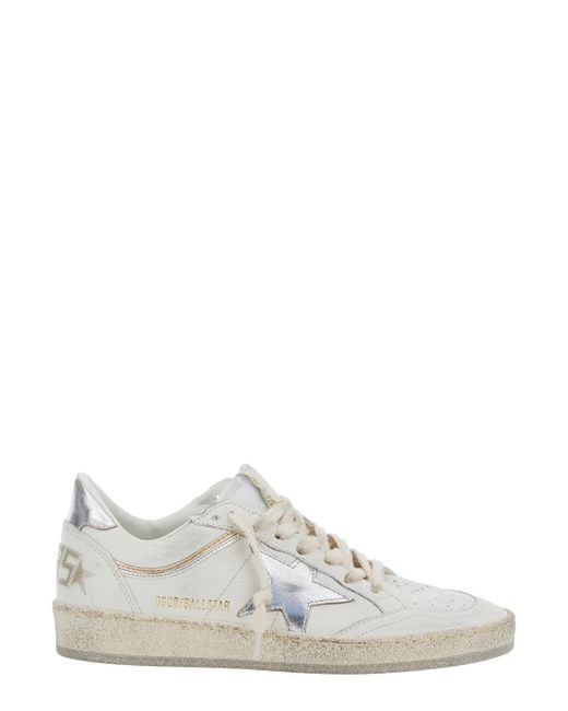 Golden Goose Deluxe Brand White 'Ballstar' Low Top Sneakers With Laminated Star Patch On The Side And Laminated Heel With Logo Lettering