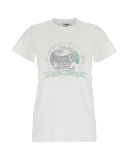 Saint Laurent White T-Shirt With Graphic Print On The Front for men