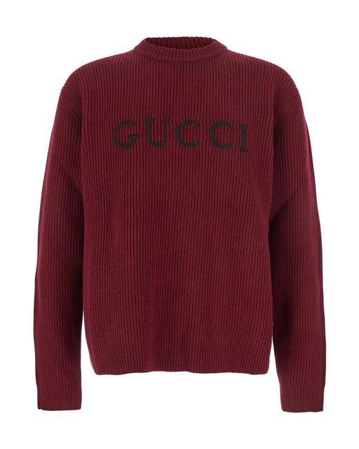 Gucci Red Bordeaux Crewneck Sweater With Logo Lettering Embroidery On The Front for men