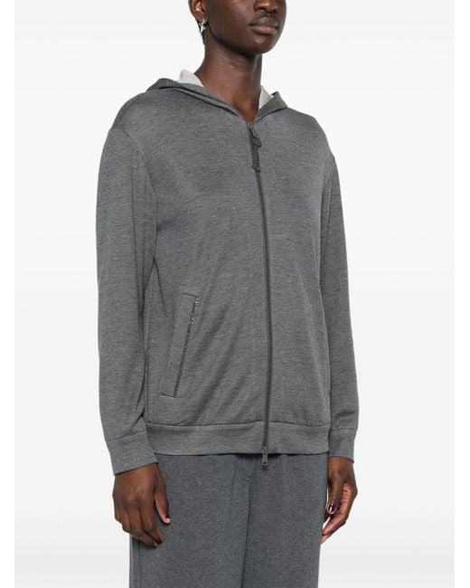 Brunello Cucinelli Gray Cotton And Silk Blend Hooded Zipped Cardigan