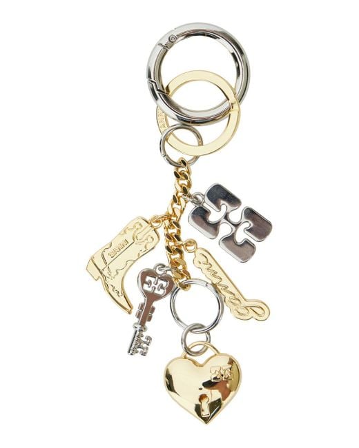 Ganni Metallic Keyring With Logo Charm And Heart Shaped Locket