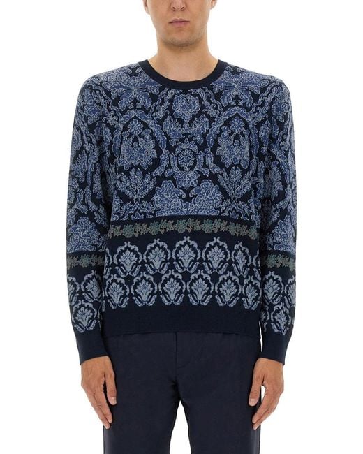 Etro Blue Cotton Sweater With Decorative Pattern for men
