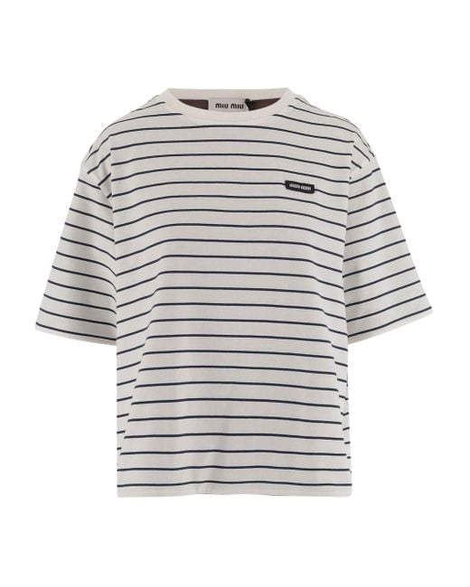 Miu Miu White Striped Cotton T-Shirt