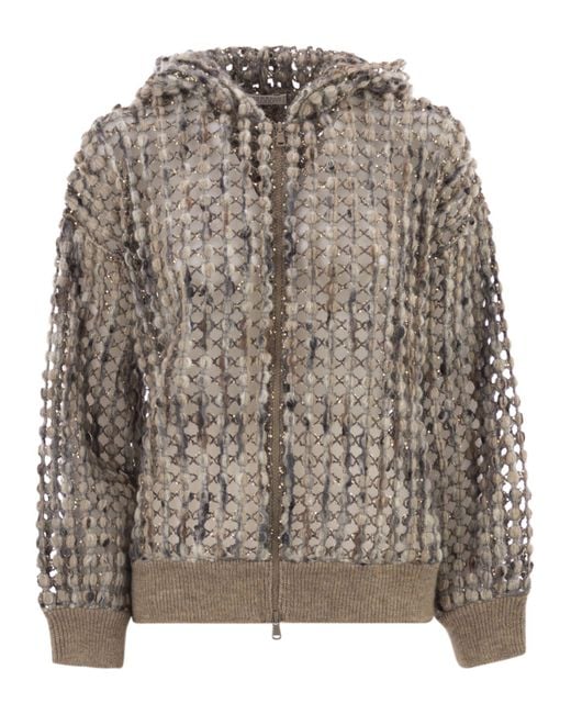 Brunello Cucinelli Brown Balloon Net Embroidery Cardigan