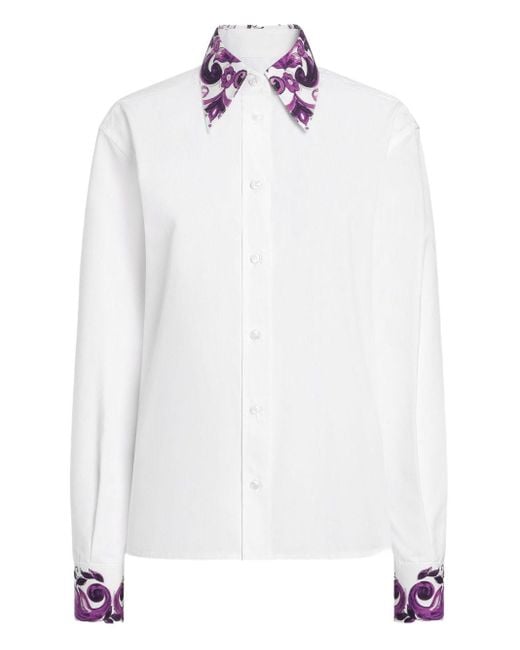 Dolce & Gabbana White Cotton Shirt With Maiolica Print Details